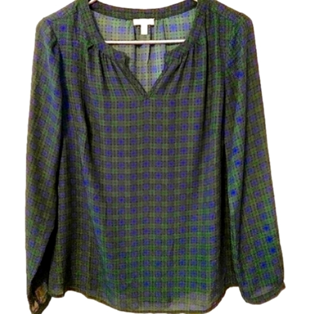 Talbots Tartan‎ Blue and Green Split V Neck Plaid Long Sleeve Chiffon Blouse SP